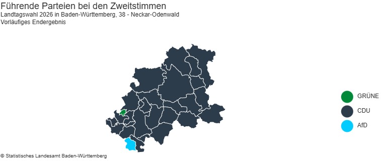 Landtagswahl 2026 im Wahlkreis 38 Neckar-Odenwald: Führende Parteien bei den Zweitstimmen in den Gemeinden